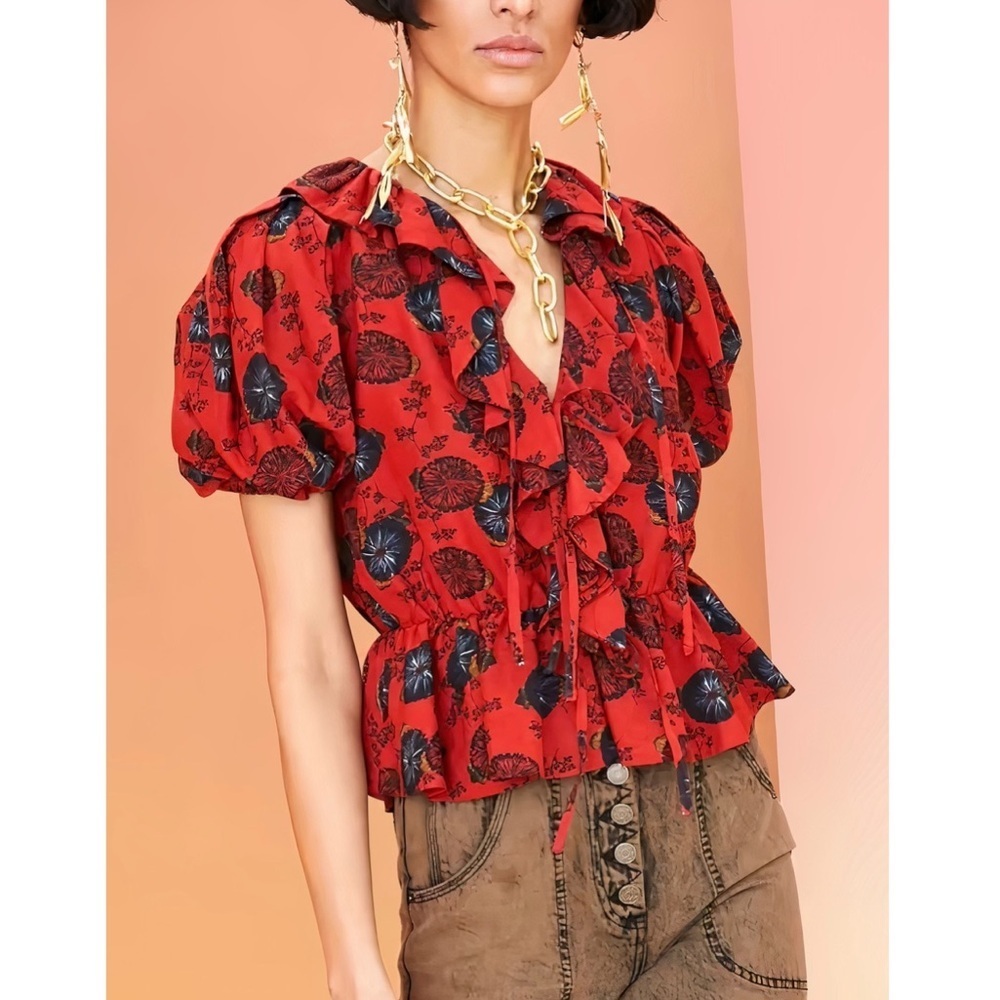 Ulla Johnson Ruffle Puff-Sleeve Nadya Floral Blouse